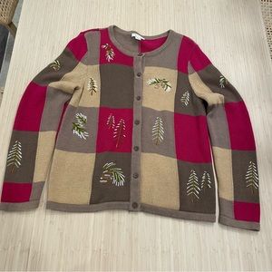 vintage leaf leaves fall embroidered checkered chunky button down sweater